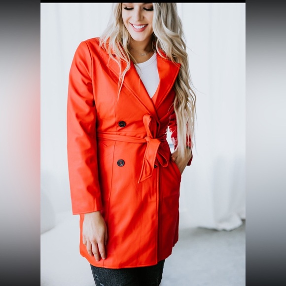 Love Tree Jackets & Blazers - Love Tree PU Faux Leather Trench Coat Red Womens Size Large With Waist Belt